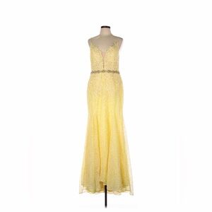 Mac Duggal Lemon Lace Beaded Waist Spaghetti Strap Evening Gown